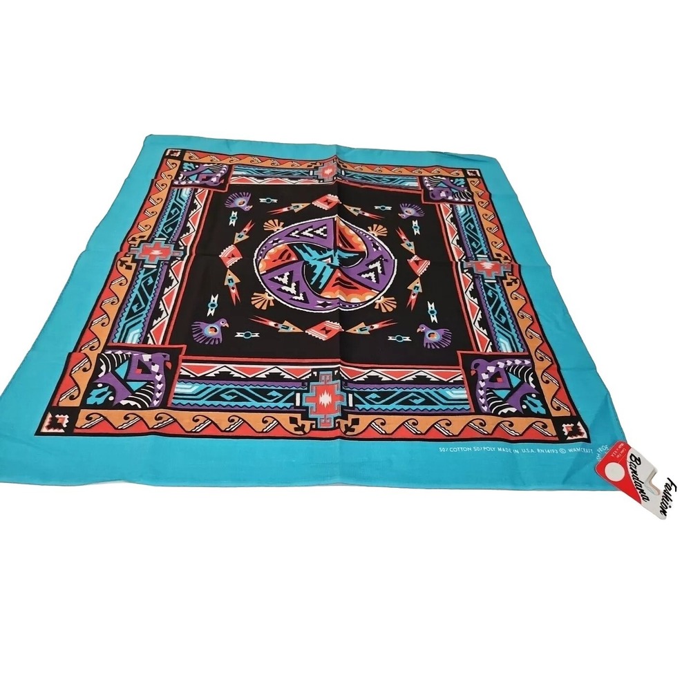 Vintage Turquoise Navajo Thunderbird Bandana Handkerchief Native WAMCRAFT USA